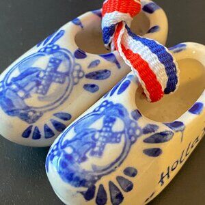 Mini Delft Holland Ceramic Clogs With Windmill Design & Red/White/Blue Ribbon Ac